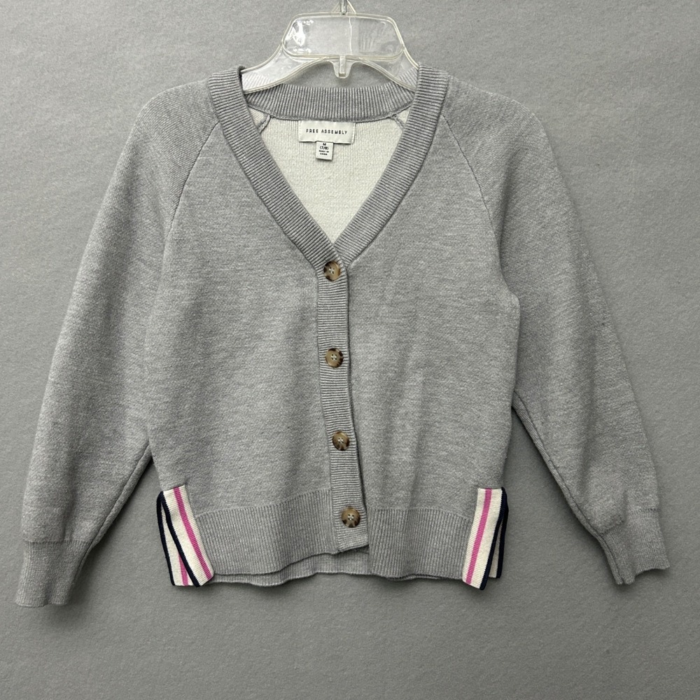 Free Assembly Kids Size M 7/8 Cardigan Gray V-Neck Button Striped Trim Raglan